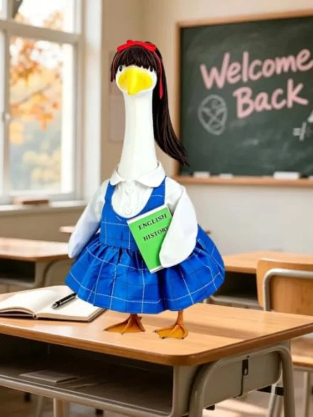 Back to School Goose Outfit with Wig - Blue Plaid Dress